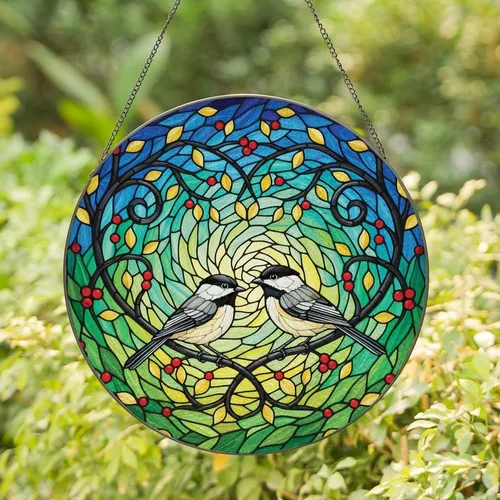 Nature Lovers' Tiffany Stained Glass Chickadee Heart Pattern with Red Berries Amber Leaves Mosaic Stained Glass Suncatcher