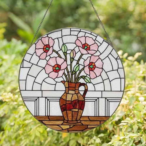 Art Lovers' Intricate Tiffany Stained Glass Pink Green Red Floral Vase Mosaic Design Stained Glass Suncatcher