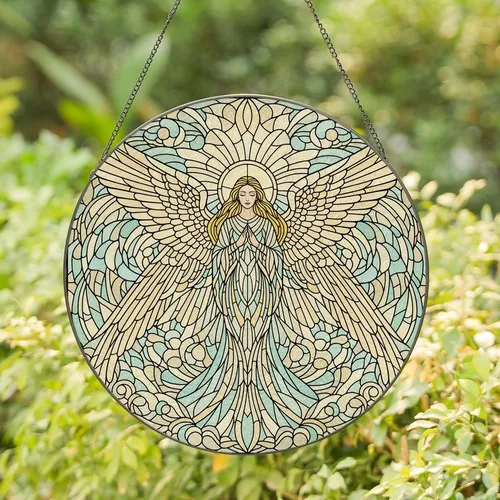 Spiritual Art Lovers' Majestic Tiffany Stained Glass Angel Celestial Mosaic Golden Teal Mint Stained Glass Suncatcher