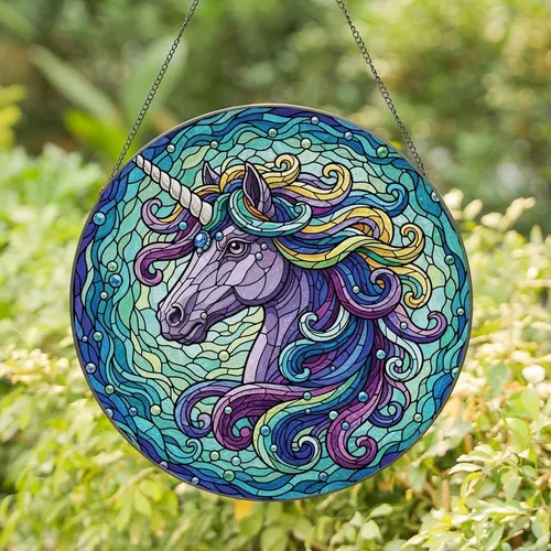 Fantasy Art Lovers' Tiffany Style Stained Glass Majestic Unicorn Head Jewel Tone Mosaic Art Stained Glass Suncatcher