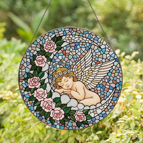 Angelic Art Lovers' Sleeping Cherub Tiffany Stained Glass Crescent Moon Pastel Iridescent Mosaic Stained Glass Suncatcher