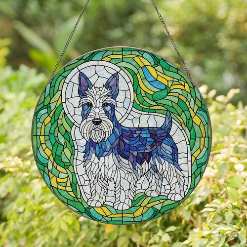 Scottish Terrier Lovers' Tiffany Stained Glass Mosaic Iridescent White Blue Purple Emerald Green Yellow Pattern Stained Glass Suncatcher