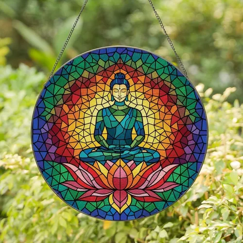 Spiritual Art Enthusiasts Vibrant Tiffany Stained Glass Meditative Lotus Figure Intricate Jewel Tone Geometric Mosaic Design Stained Glass Suncatcher