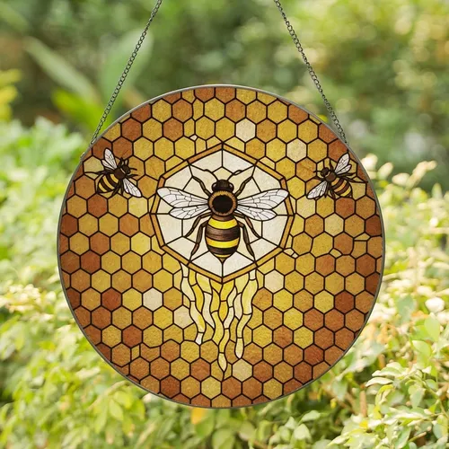 Nature Lovers' Tiffany Style Stained Glass Majestic Bee Honeycomb Golden Amber Olive Green Intricate Mosaic Art Stained Glass Suncatcher