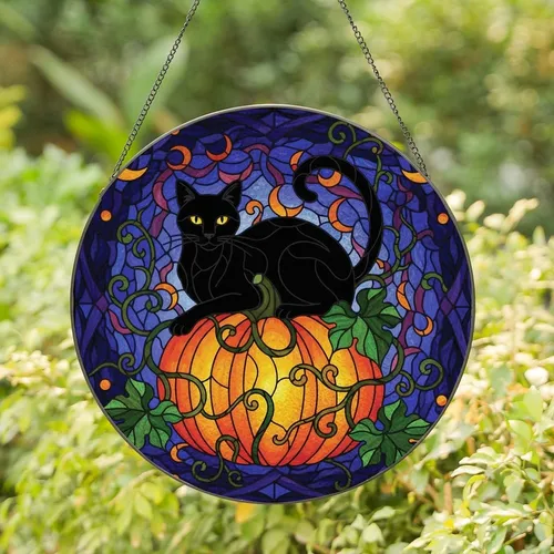Autumn Cat Lovers' Tiffany Stained Glass Black Cat Orange Pumpkin Swirling Jewel Tones Stained Glass Suncatcher
