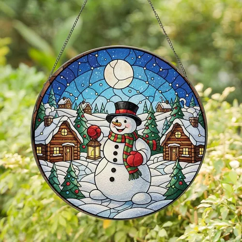 Winter Lovers' Cheerful Snowman Tiffany Stained Glass Winter Village Mosaic in Jewel Tones Stained Glass Suncatcher