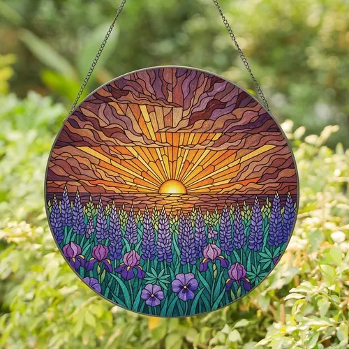 Nature Lovers' Tiffany Stained Glass Sunset, Purple Lupine & Orange Sky Mosaic Stained Glass Suncatcher