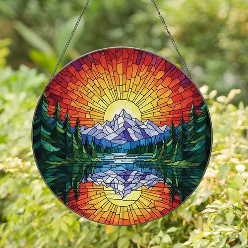 Nature Lovers' Vibrant Tiffany Stained Glass Mountain Lake Yellow Orange Red Blue Green Mosaic Stained Glass Suncatcher