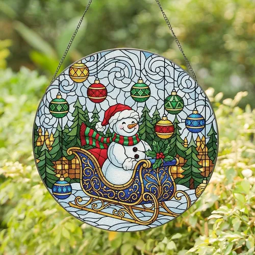Holiday Lovers' Cheerful Stained Glass Snowman Sleigh Jewel Tone Winter Wonderland Mosaic Stained Glass Suncatcher