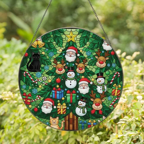 Holiday Enthusiasts' Intricate Stained Glass Christmas Tree Mosaic with Santa, Reindeer, Snowmen, Cats, Jewel Tones Green Red Yellow Stained Glass Suncatcher