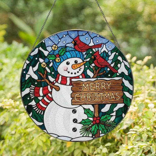 Holiday Lovers' Glowing Stained Glass Snowman Red Cardinal Holly Winter Forest Mosaic Stained Glass Suncatcher