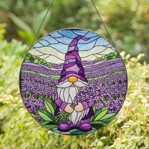 Gnome Lovers' Vibrant Stained Glass Gnome Purple Lavender Field Mosaic Art Stained Glass Suncatcher