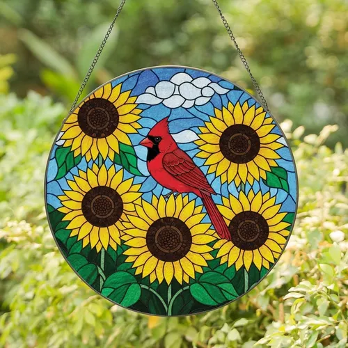Nature Lovers' Intricate Vibrant Red Cardinal Yellow Sunflower Tiffany Stained Glass Mosaic Stained Glass Suncatcher