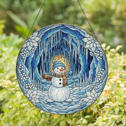 Holiday Enthusiasts' Jewel Tone Stained Glass Cheerful Snowman Ice Cave Poinsettia Art Stained Glass Suncatcher