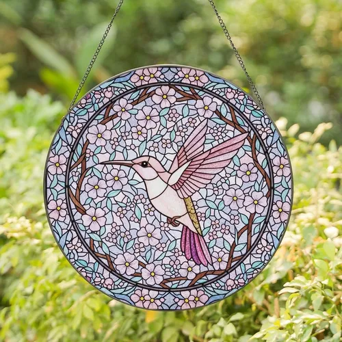 Women's Glowing Pink Purple Golden Hummingbird Stained Glass Garden Art Stained Glass Suncatcher