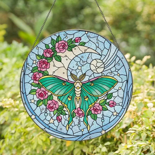 Celestial Nature Lovers' Intricate Tiffany Stained Glass Luna Moth Crescent Moon Floral Mosaic Emerald Green Rosy Pink Stained Glass Suncatcher
