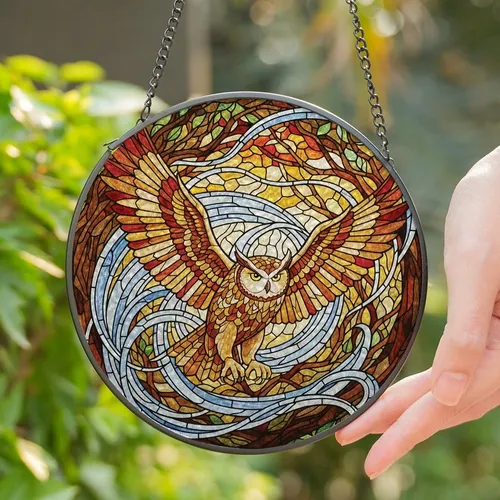 Nature Enthusiasts' Majestic Owl Stained Glass Art, Vibrant Jewel Tone Orange Yellow Brown Red Intricate Forest Mosaic Stained Glass Suncatcher