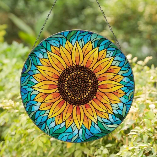 Nature Lovers' Golden Yellow Orange Stained Glass Sunflower Mosaic Art Stained Glass Suncatcher