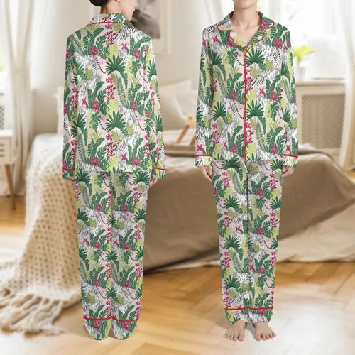 Women's Vintage Botanical Tiger & Blush Pink Tropical Floral Polyester Sleepwear Satin Pajamas Set