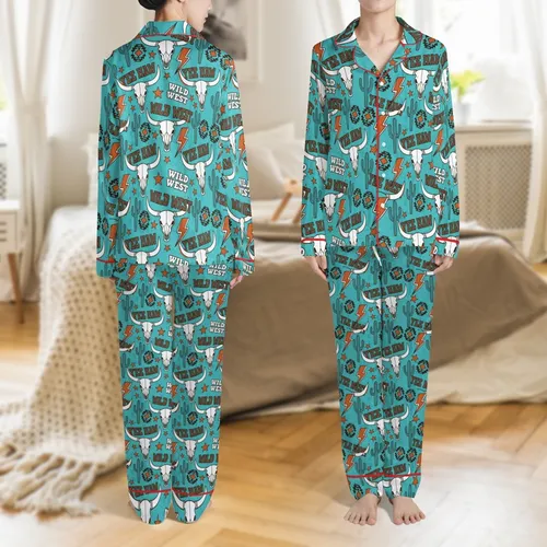 Women's Retro Western Bull Skull Lightning Pop Art Aqua Blue 'YEE HAW' Short Sleeve Jersey Pajama Set Satin Pajamas Set