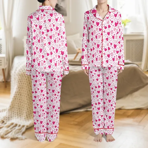 Whimsical Dreamer's Fuchsia Bubblegum Pink Hearts & Stars Floating Pattern Kid Satin Pajamas Set