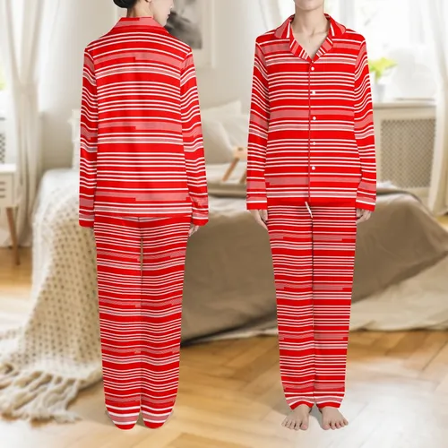 Women's Bright Red White Varied Horizontal Stripe Long Sleeve & Pants Crew Neck All-Season Sleep Set Satin Pajamas Set