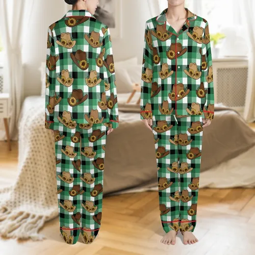 Women's All-Season: Rustic Cowboy Hat & Sunflower Emerald Green Plaid Sleep Set Satin Pajamas Set
