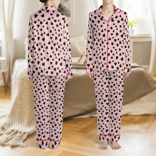 Women's Velvet Love: Irregular Black Hearts on Muted Dusty Rose Sleep Set Satin Pajamas Set