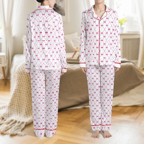 Women's Sweet Pink Bow Diamond Lattice Print Collared Short Sleeve Top & Elastic Shorts Satin Pajamas Set