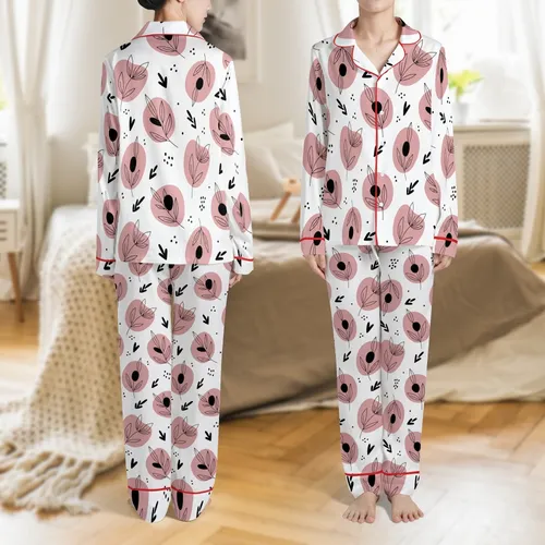 Plus Size Women's Abstract Pink & Black Botanical Pattern Crew Neck Polyester Blend Loungewear Set Satin Pajamas Set