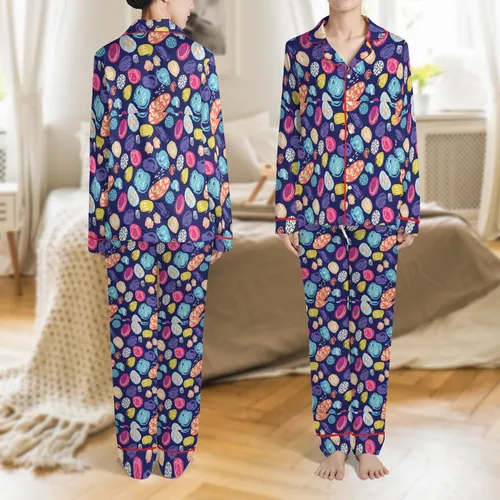Women's Plus Size Navy Organic Splotch 4pc Long Sleeve Pajamas Set Multi-Color Print Satin Pajamas Set