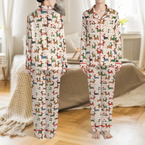 Women's Satin Christmas Pajama Top: Striped Dachshund & Santa Hat Festive Loungewear Satin Pajamas Set