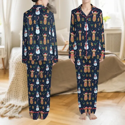 Cozy Winter Pajamas: Hand-Drawn Highland Cow & Festive Friends - Holiday Sleepwear Satin Pajamas Set