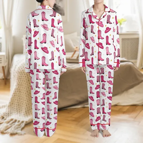Pink Rodeo Cowgirl Pajama Set: Whimsical Pink Boots, Hats & Stars Pattern Satin Pajamas Set