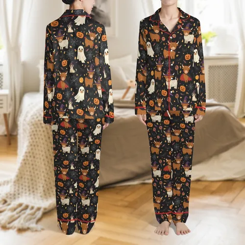Family Halloween Pajama Set: Cute Highland Cow Ghost Witch Vampire Mummy Dog Candy Corn Design Satin Pajamas Set