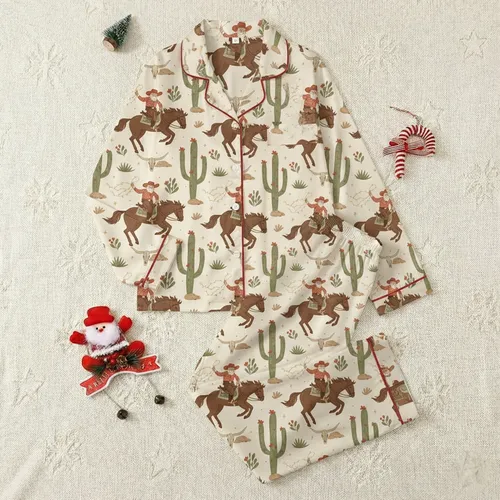Western Family Christmas Sleep Set: Vintage Cowboy Santa Rodeo Cactus Pattern Satin Pajamas Set
