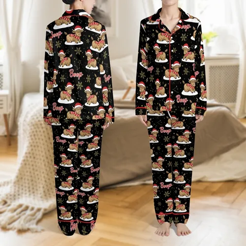 Western Country Christmas: Whimsical Highland Calf 'Boop' Snow Pattern Sleep Set Satin Pajamas Set