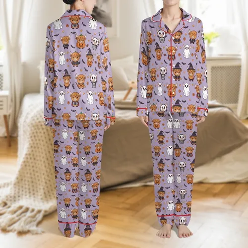 Unisex Halloween Chibi Highland Cow Vampire Witch Pumpkin Skeleton Long Sleeve Lavender Sleepwear Pajama Set Satin Pajamas Set