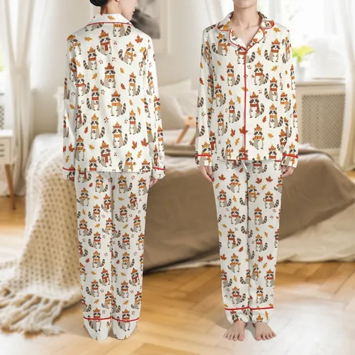 Women's Whimsical Autumn Raccoon & Acorn Pattern Satin Sleep Set Satin Pajamas Set
