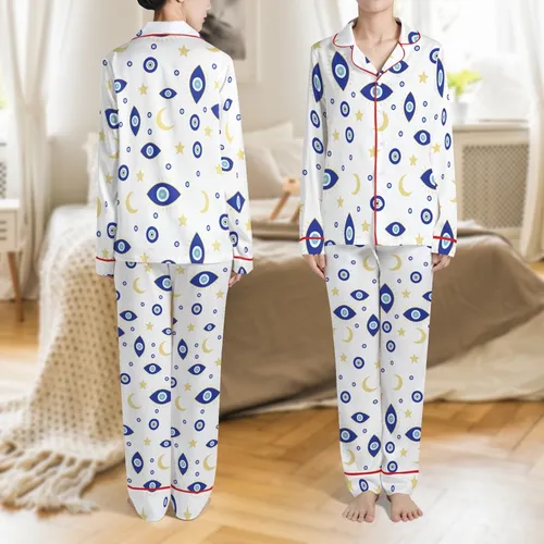 Women's Plus Size Two-Piece Lounge Set: Mystical Evil Eye Star Moon Print, Short Sleeve & Long Pants Satin Pajamas Set