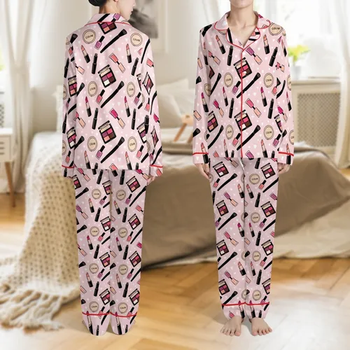 Beauty Lover's Satin Sleep Set: Fuchsia Lipstick & Eye Palette Cosmetic Pattern Satin Pajamas Set