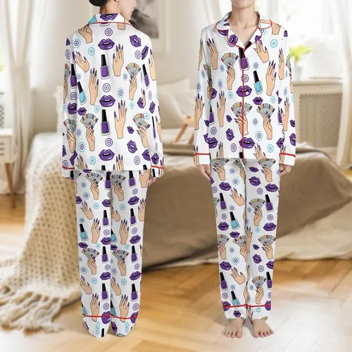 Nail Tech Lover's Satin PJs: Vibrant Purple Nail Art & Polish Bottles Pattern - Silky Short-Sleeve Set Satin Pajamas Set