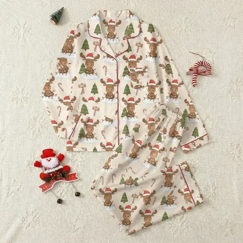 Festive Animal Lover: Cartoon Baby Moose Christmas Lights Pattern Cozy Unisex Top Satin Pajamas Set