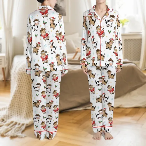 Matching Family Holiday Sleep Set: Cartoon Cow Santa & Xmas Lights Pattern Satin Pajamas Set