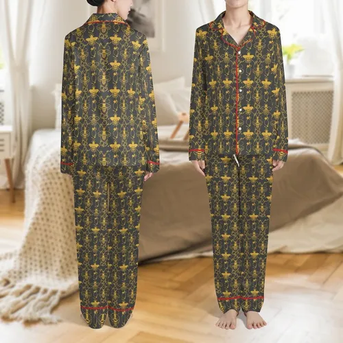 Women's Golden Honey Bee Honeycomb Pattern Charcoal Sleepwear Set Kid Satin Pajamas Set
