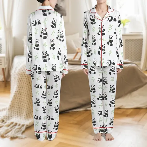 Panda Lover's Sleep Set: Cute Cartoon Panda & Bamboo Pattern - Cozy Loungewear Satin Pajamas Set