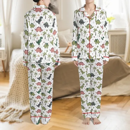 Olive Green Dinosaur All-Over Print Pajamas Satin Pajamas Set