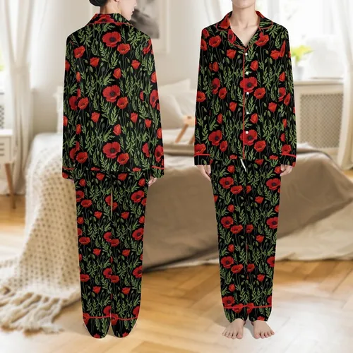 Custom Name Poppy Backpack: Vibrant Red Floral & Green Leaf Pattern on Black, Ergonomic Satin Pajamas Set