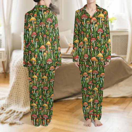 Cottagecore Mushroom Forest: Whimsical Fungi Green Velveteen Plush Throw Satin Pajamas Set