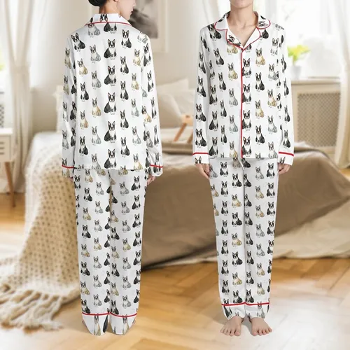 Boston Terrier Dog Moms Watercolor Puppy Pattern Velveteen Plush Gift Throw Satin Pajamas Set